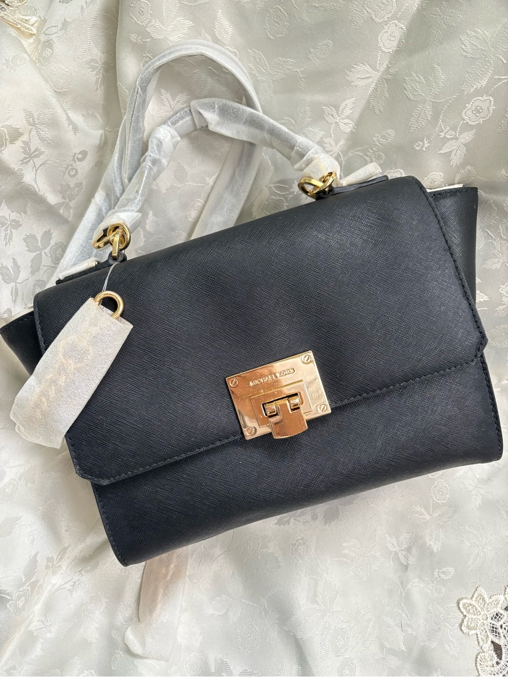 MICHAEL Michael Kors Black Satchel with Gold-Tone Lock